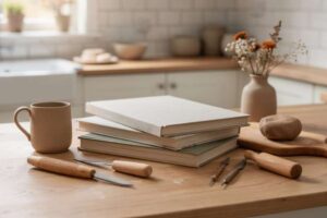 Mani che sfogliano un libro illustrato sulla ceramica mentre accanto riposano un vaso fatto a mano e strumenti di modellazione.