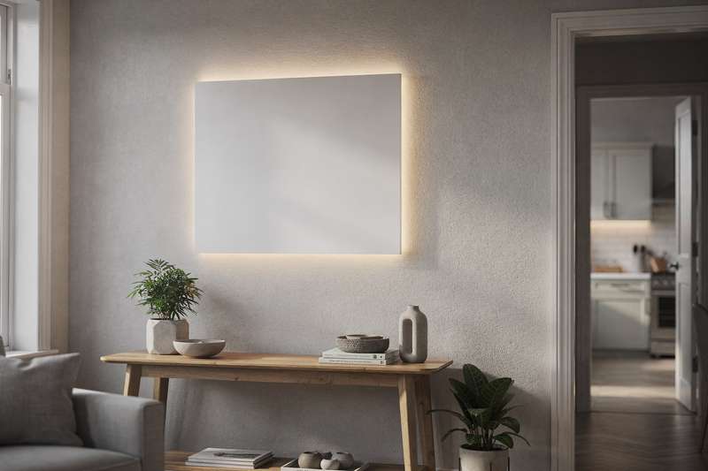Quadro con cornice retroilluminata appeso in soggiorno moderno illumina elegantemente la parete dietro il divano.