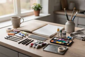Una persona tira fuori materiali colorati da una scatola organizzatore per iniziare un progetto di arte mista.