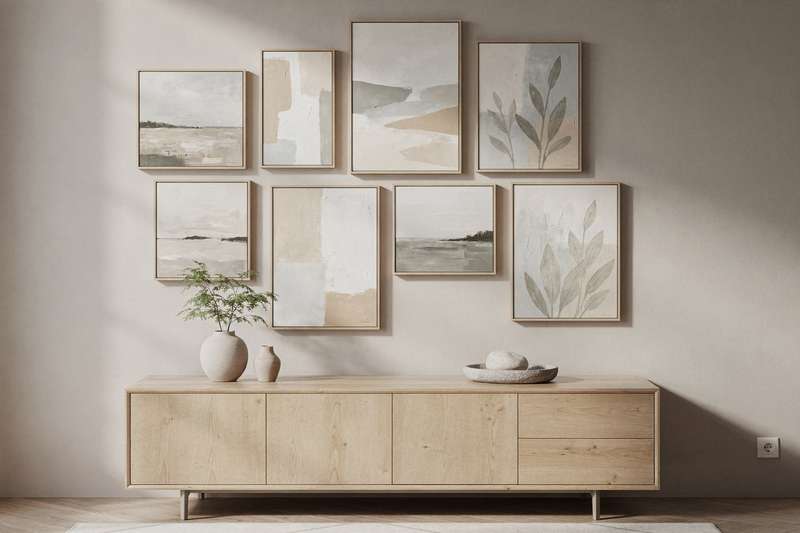 Parete del soggiorno decorata con una collezione di quadri economici in cornici diverse che creano un effetto gallery wall.