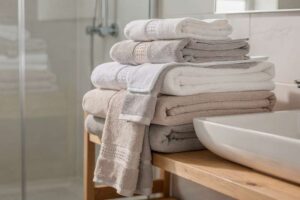Una persona stende asciugamani morbidi di diversi colori sopra il cesto della biancheria in bagno.
