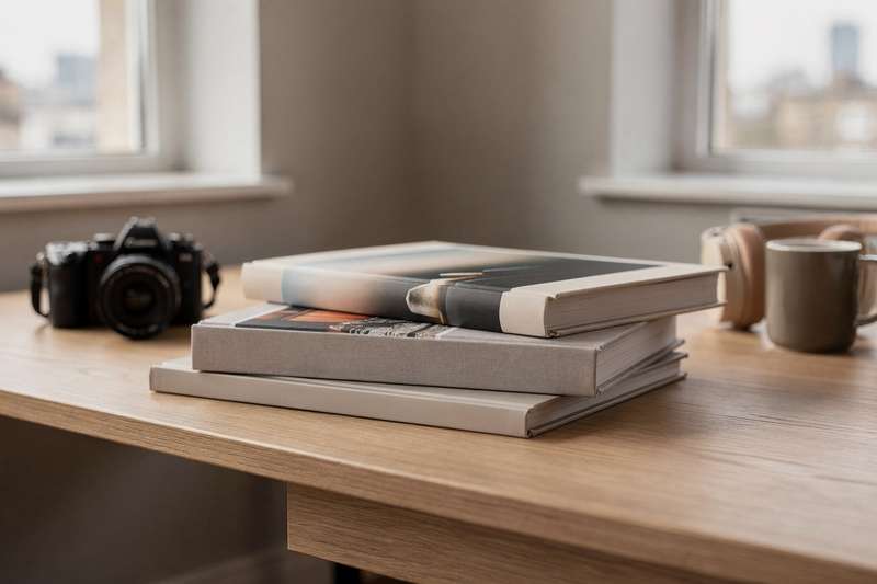 Persona che sfoglia un libro di fotografia artistica con immagini in bianco e nero su un tavolo di legno.