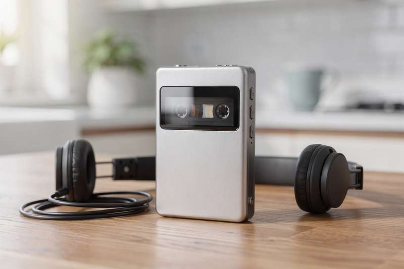 Mani di una persona che tiene un lettore di cassette portatile vintage mentre ascolta musica con le cuffie.