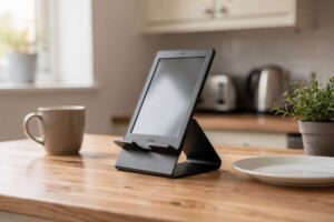 Una persona legge comodamente da un e-reader posizionato su un supporto regolabile mentre beve il caffè.