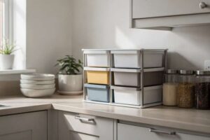 Persona che ripone oggetti in scatole trasparenti ordinate su uno scaffale della cucina.