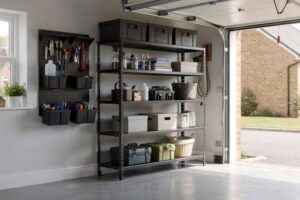 Ragazza organizza attrezzi e scatole su scaffalature metalliche nel garage ben ordinato.