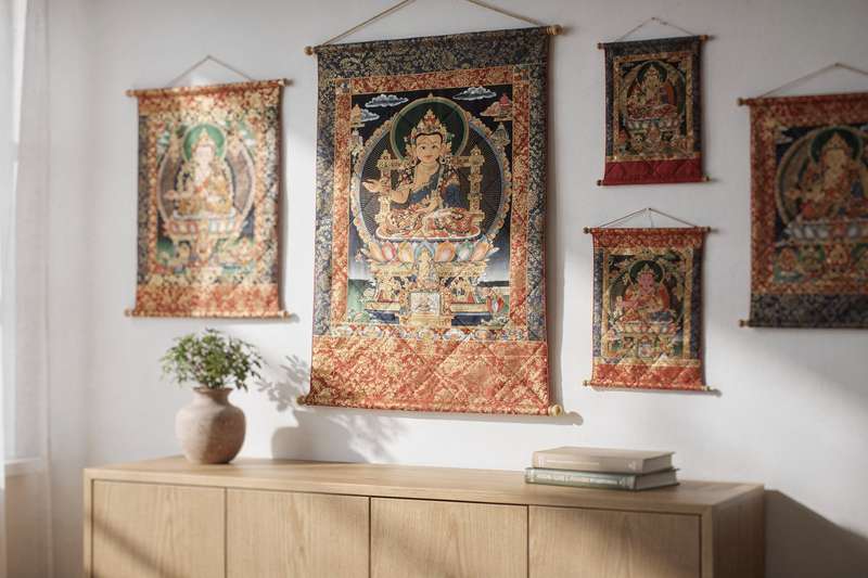 Thangka tibetana appesa alla parete di una camera da letto minimale che crea un'atmosfera zen e meditativa.