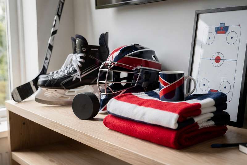 Mani di un fan che indossa una maglia da hockey su ghiaccio mentre tiene in mano un bastone da gioco.
