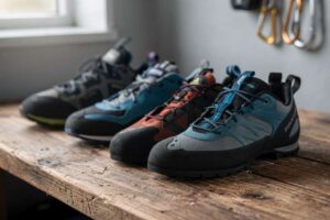 Una persona indossa scarpe da arrampicata specifiche mentre scala una parete artificiale in palestra.