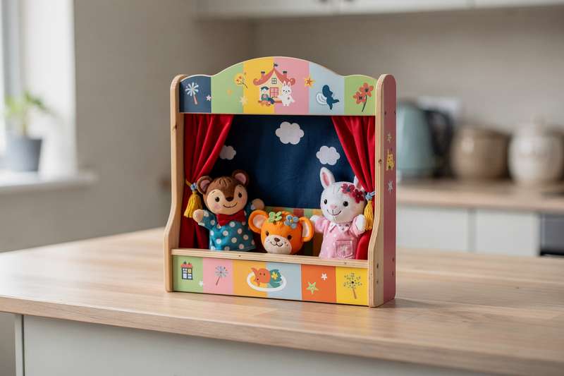 Una bambina sorride mentre manipola un burattino colorato sul palcoscenico di un piccolo teatrino in legno.