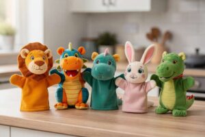 Bambino che indossa un colorato burattino a mano su una mano mentre gioca in salotto.