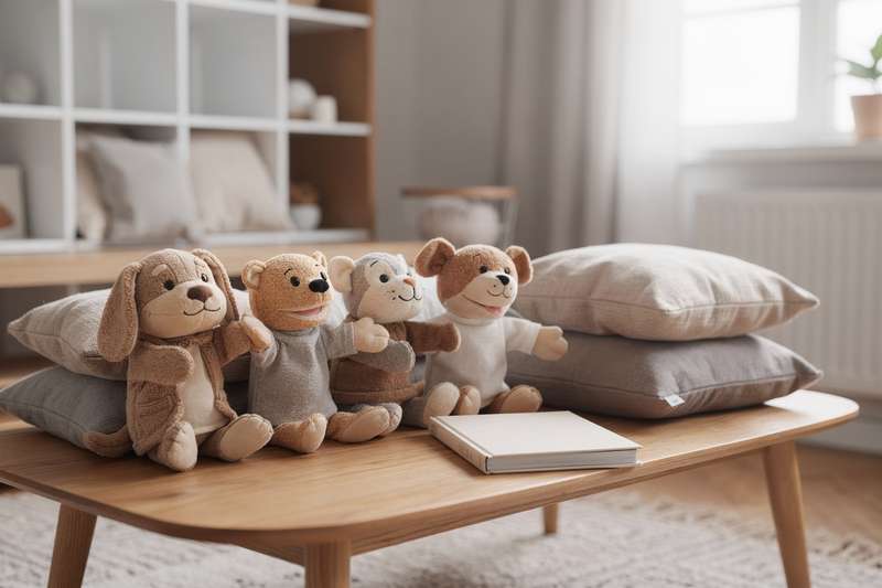 Una bambina sorride mentre muove un burattino di peluche colorato durante una sessione di narrazione.
