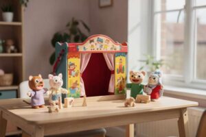 Bambino che manovra burattini colorati all'interno di un teatrino in legno durante il gioco.