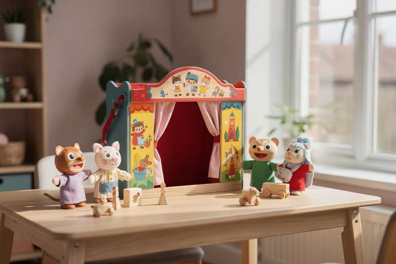 Bambino che manovra burattini colorati all'interno di un teatrino in legno durante il gioco.