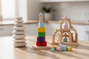Genitori e figli costruiscono una torre di legno colorata concentrandosi sul posizionamento di ogni blocco.