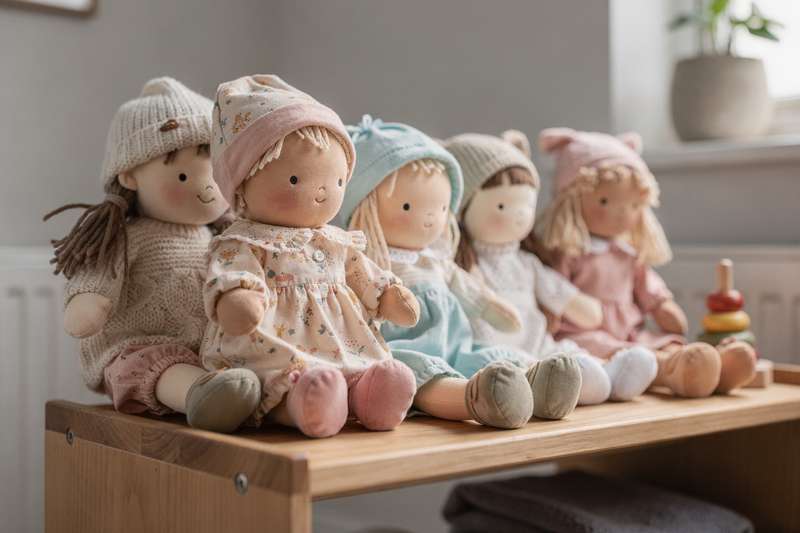 Neonato che stringe dolcemente una bambola morbida colorata contro il petto durante il gioco.