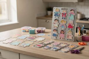 Bambina che assembla una bambola di carta colorata sul tavolo con i pezzi magnetici sparsi intorno.