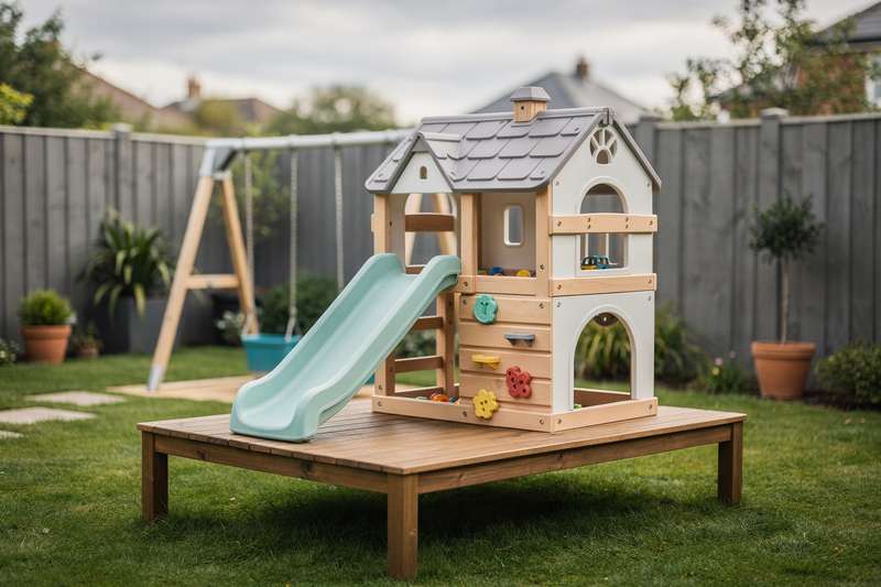 Bambino che costruisce una torre colorata con blocchi di plastica durante il gioco in salotto.