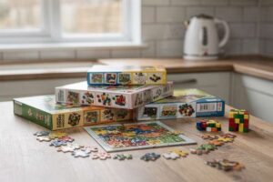 Famiglia che assembla insieme un puzzle colorato al tavolo della cucina.
