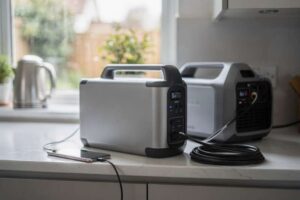 Una persona ricarica uno smartphone e accende contemporaneamente una lampada con una centrale elettrica portatile in giardino.