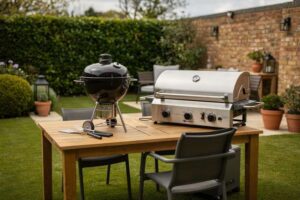 Uomo che griglia carne su un barbecue a gas nel giardino durante una cena esterna con amici.