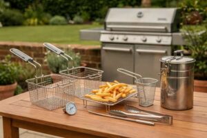 Mani che preparano e cucinano cibi fritti all'aperto usando gli accessori specifici per la friggitrice nel tuo giardino.