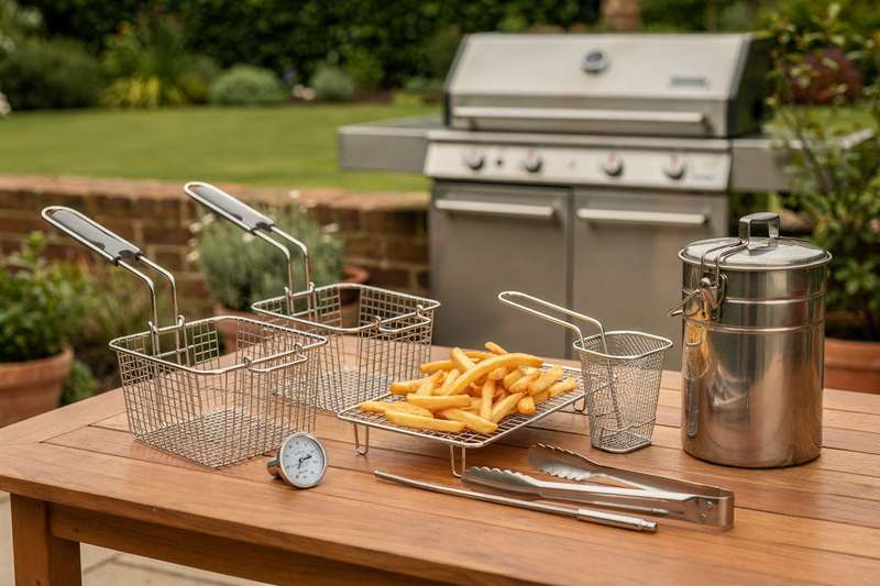 Mani che preparano e cucinano cibi fritti all'aperto usando gli accessori specifici per la friggitrice nel tuo giardino.