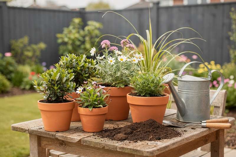 Mani che piantano fiori colorati in un orto inglese con aiuole ben curate e prati verdeggianti.