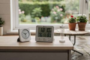Persona che controlla la temperatura del giardino con un termometro digitale portatile durante una giornata soleggiata.