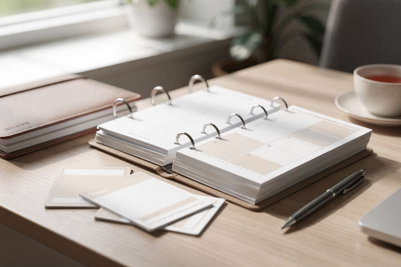 Mani che sfogliano le pagine di un planner aperto con fogli a quadretti e righe per organizzare appuntamenti.