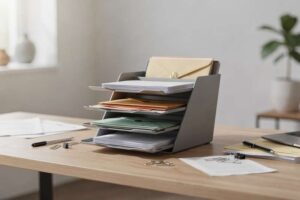Mani che ordinate buste e documenti in un organizer da parete bianco mentre lavorate alla scrivania.