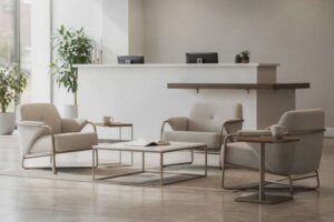 Persona che accoglie i clienti dietro una scrivania moderna in legno, con divano e piante verdi sullo sfondo.