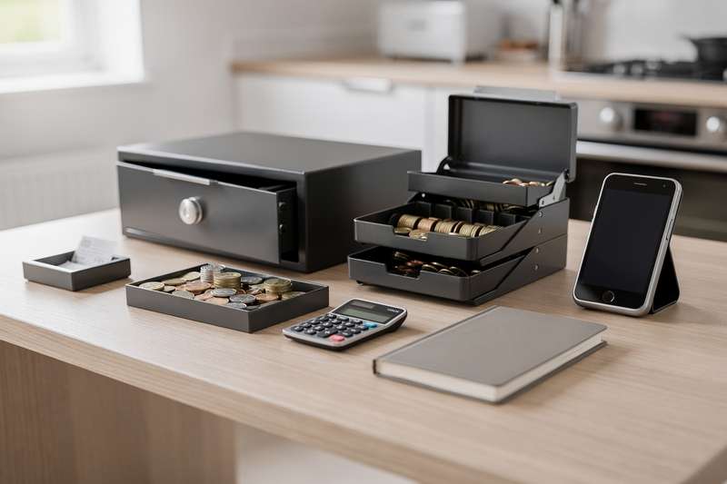 Una persona che conta banconote e monete usando un cassetto portacontante aperto su una scrivania ordinata.