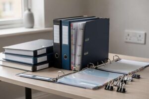 Scrivania organizzata con raccoglitori colorati, penne e documenti ordinati per una gestione efficiente della carta.