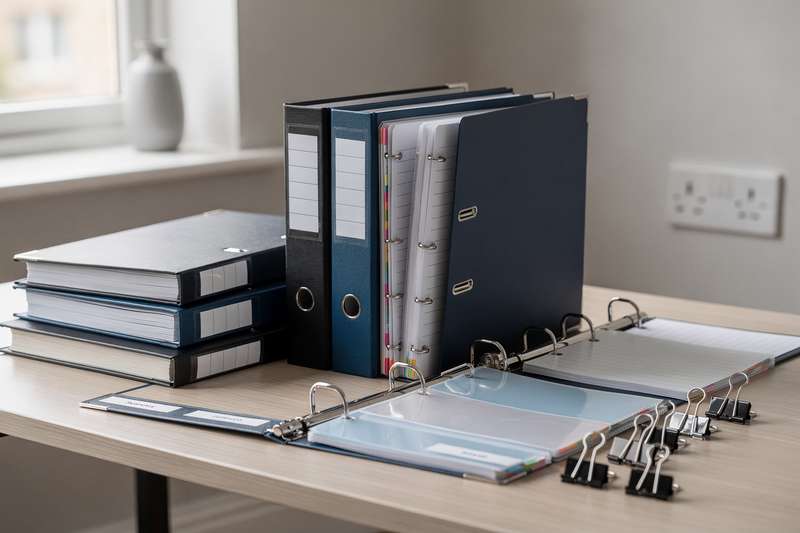 Scrivania organizzata con raccoglitori colorati, penne e documenti ordinati per una gestione efficiente della carta.