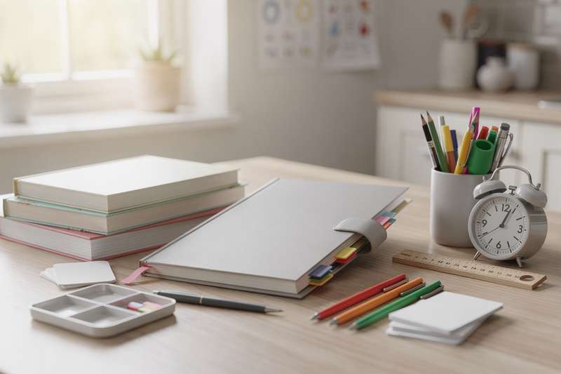 Una maestra britannica consulta un'agenda da scrivania mentre prepara la lezione con libri aperti sulla cattedra.