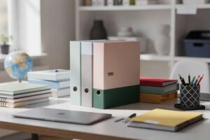 Una docente consulta documenti ufficiali e programmi scolastici sulla scrivania dell'ufficio per pianificare le lezioni.