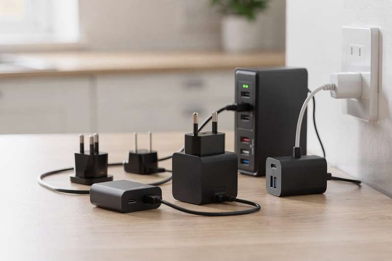 Mani che inseriscono un adattatore USB-C in una porta di ricarica per collegare più dispositivi contemporaneamente.