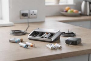 Una famiglia ricarica contemporaneamente vari dispositivi domestici utilizzando un set di batterie ricaricabili organizzate su...