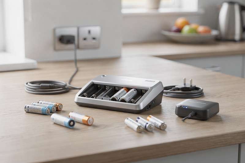 Una famiglia ricarica contemporaneamente vari dispositivi domestici utilizzando un set di batterie ricaricabili organizzate su...