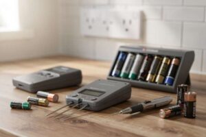 Mani che controllano il livello di carica di una batteria AA con un tester digitale portatile.