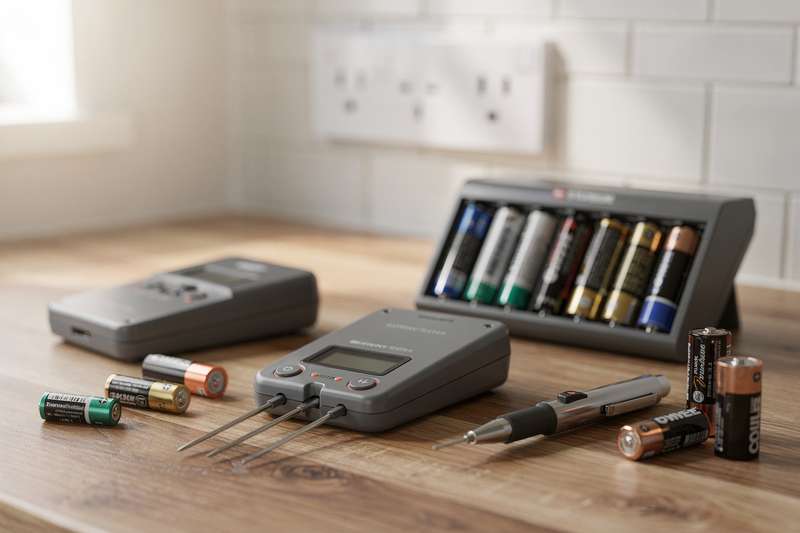Mani che controllano il livello di carica di una batteria AA con un tester digitale portatile.