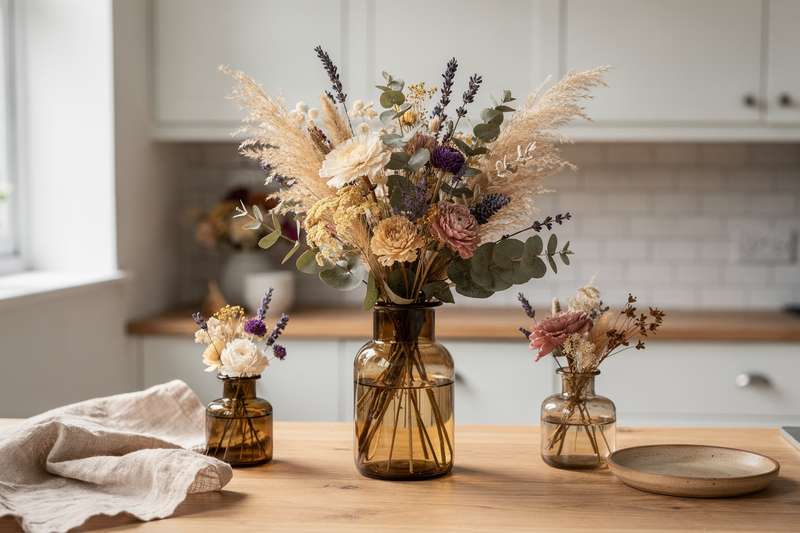 Composizione di fiori secchi e piante conservate disposti in vasi di vetro su un ripiano di legno in una stanza luminosa.