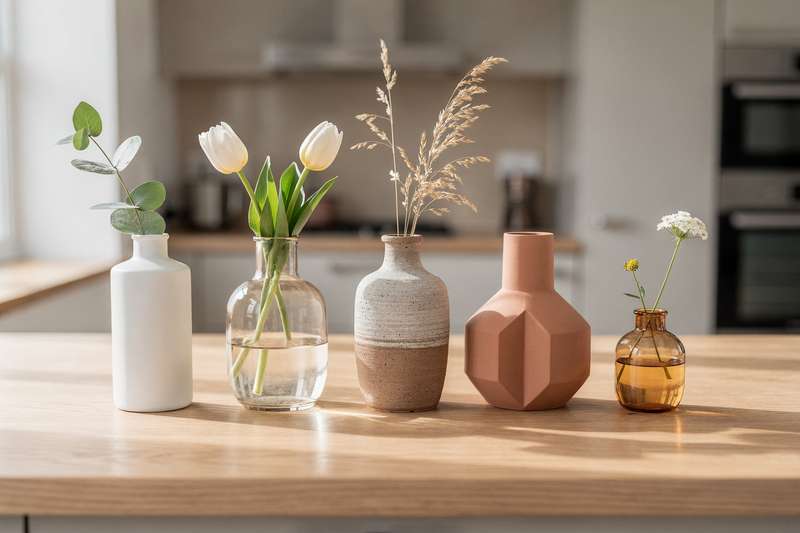 Mani che posizionano delicatamente un vaso di ceramica bianca su uno scaffale decorativo accanto ad altri complementi.