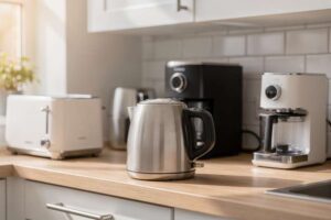 Persone che preparano il caffè con una piccola macchina da espresso al mattino in cucina.