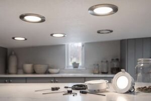 Una mano regola l'intensità di un faretto da incasso nel soffitto di una moderna cucina con armadi bianchi.