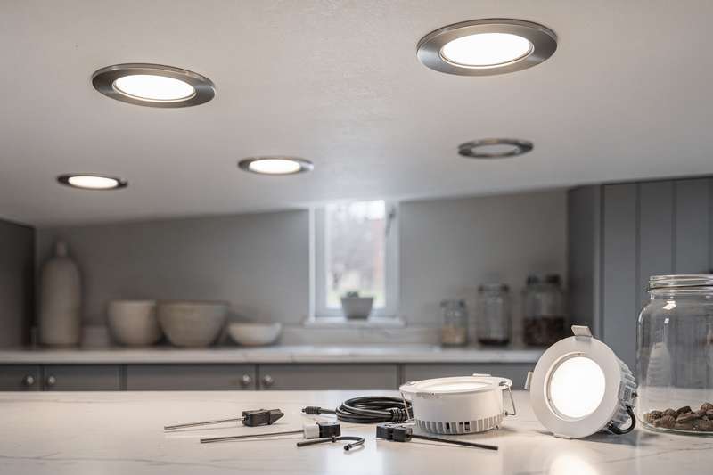 Una mano regola l'intensità di un faretto da incasso nel soffitto di una moderna cucina con armadi bianchi.