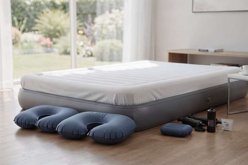 Persona che gonfia un materasso ad aria con pompa elettrica portatile in camera da letto.