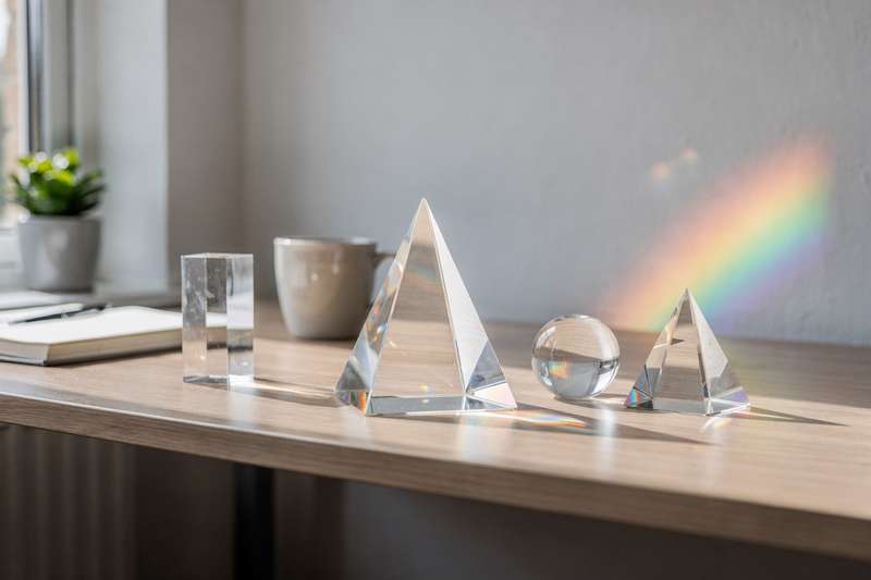 Mani che posizionano un prisma trasparente davanti a una fonte di luce per catturare l'effetto arcobaleno su una superficie...