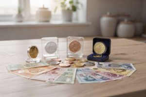 Collezionista esamina da vicino una moneta commemorativa dorata tenuta tra le dita con luce naturale.